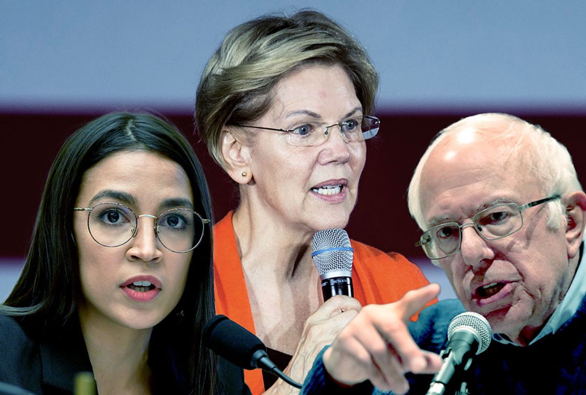 Democratic Presidential Candidates Sen. Elizabeth Warren and Sen. Bernie Sanders, and Rep. Alexandria Ocasio-Cortez (Getty Images/Salon)
