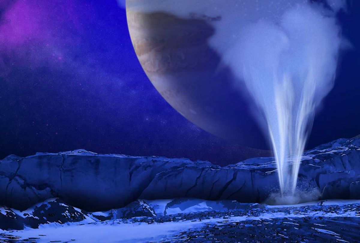 This is an artist's concept of a plume of water vapor thought to be ejected off the frigid, icy surface of the Jovian moon Europa, located about 500 million miles (800 million kilometers) from the sun. Spectroscopic measurements from NASA's Hubble Space Telescope led scientists to calculate that the plume rises to an altitude of 125 miles (201 kilometers) and then it probably rains frost back onto the moon's surface. Previous findings already pointed to a subsurface ocean under Europa's icy crust. (NASA/ESA/K. Retherford/SWRI)