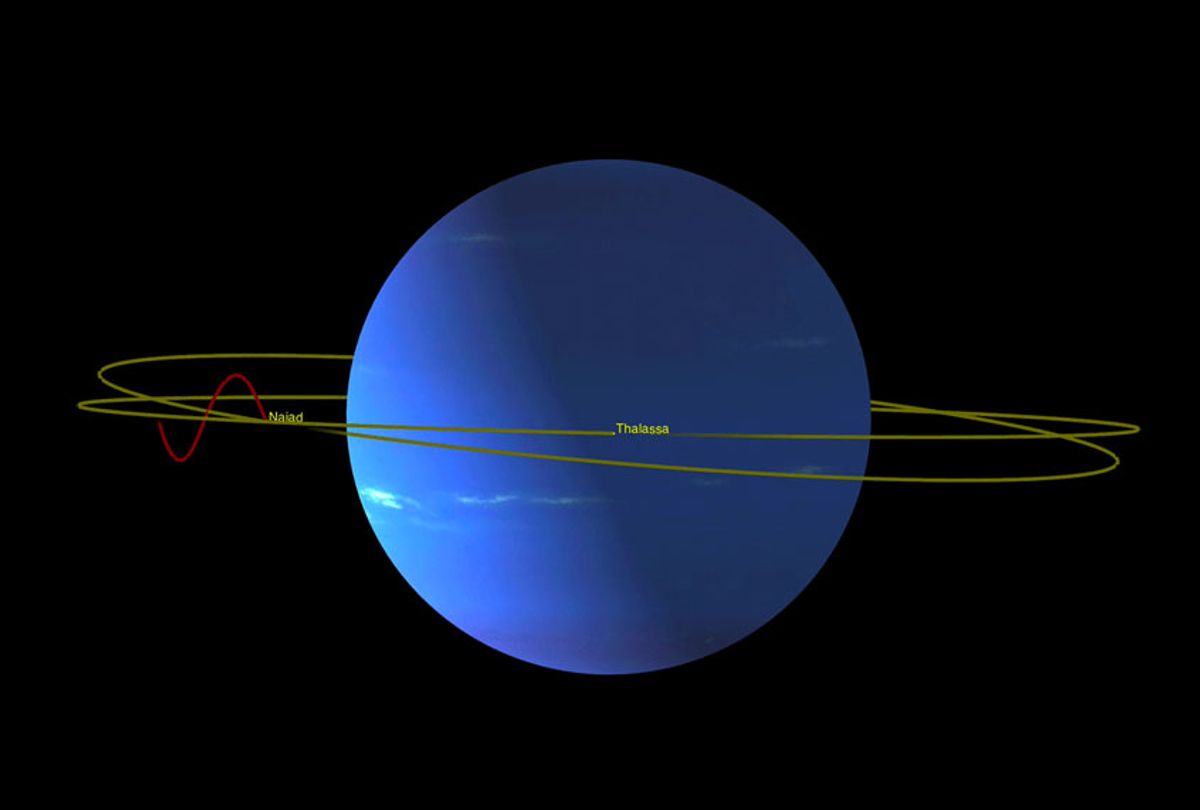 Neptune's inner moons Naiad and Thalassa enable them to avoid each other as they race around the planet. (NASA)