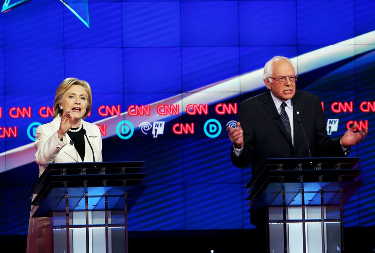 Democratic Presidential candidates Hillary Clinton and Sen. Bernie Sanders (D-VT) debate during the CNN Democratic Presidential Primary Debate at the Duggal Greenhouse in the Brooklyn Navy Yard on April 14, 2016 in New York City.  (Justin Sullivan/Getty Images)