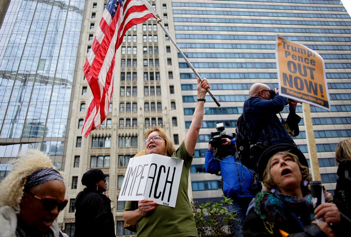 Demonstrators protest President Donald Trump's visit to Chicago outside Trump International Hotel & Tower on October 28, 2019 in Chicago, Illinois. Trump, who visited Chicago for the first time since taking office addressed the International Association of Chiefs of Police meeting at McCormick Place and attended a fundraiser.  (Joshua Lott/Getty Images)