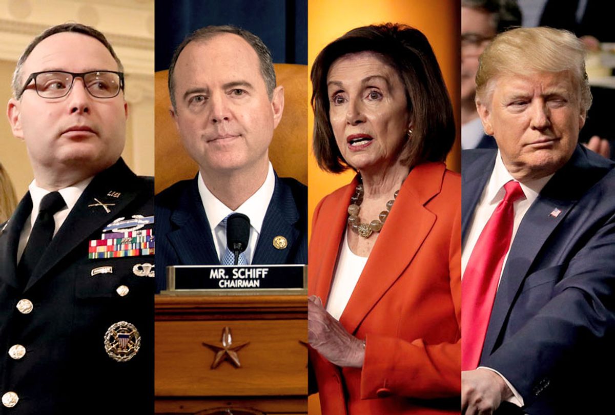 Alexander Vindman, Adam Schiff, Nancy Pelosi and Donald Trump (Getty Images/AP Photo/Salon)