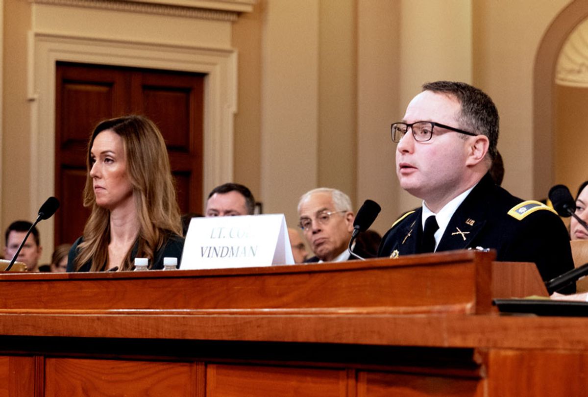 Jennifer Williams, an aide to Vice President Mike Pence, and National Security Council aide Lt. Col. Alexander Vindman testify before the House Intelligence Committee on Capitol Hill in Washington, Tuesday, Nov. 19, 2019. (Jeff Malet Photography)