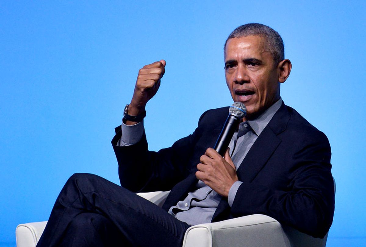 Former U.S. President Barack Obama speaks on the stage as he attends an Obama Foundation event in Kuala Lumpur, Malaysia, 13 December 2019. Obama and his wife Michelle are in Kuala Lumpur for the inaugural Leaders: Asia-Pacific conference, focused on promoting women's education in the region. (Zahim Mohd/NurPhoto via Getty Images)