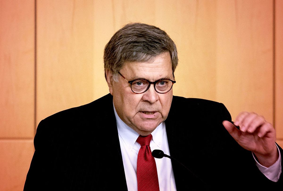 US Attorney General William Barr speaks at the Securities and Exchange Commission's Criminal Coordination Conference in Washington, DC, on October 3, 2019. (NICHOLAS KAMM/AFP via Getty Images)