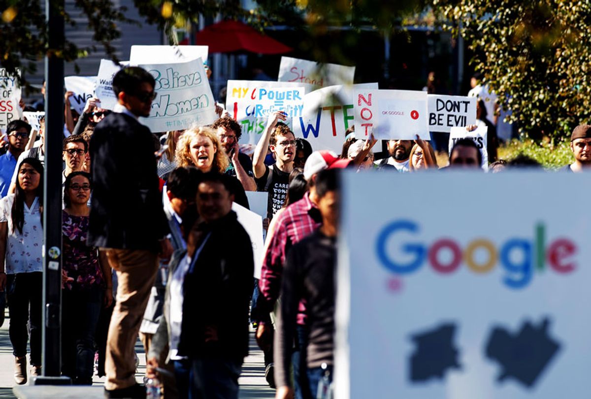 Workers protest against Google's handling of sexual misconduct allegations at the company's Mountain View, Calif., headquarters. Google is promising to be more forceful and open about its handling of sexual misconduct cases, a week after high-paid engineers and others walked out in protest over its male-dominated culture. CEO Sundar Pichai spelled out the concessions in an email sent Thursday, Nov. 8, to Google employees. (AP Photo/Noah Berger)