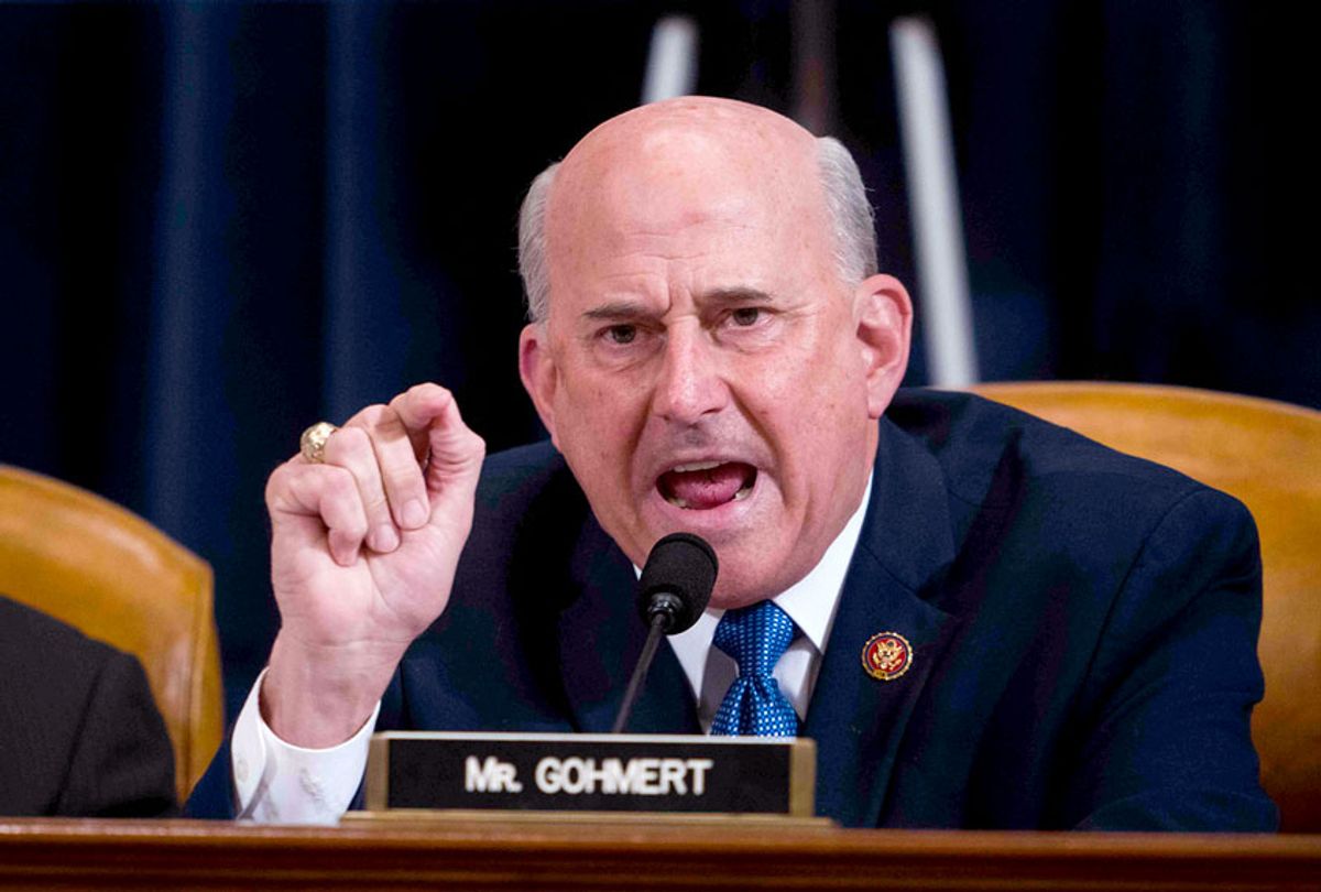 Rep. Louie Gohmert (R-TX) questions Intelligence Committee Minority Counsel Stephen Castor and Intelligence Committee Majority Counsel Daniel Goldman during the House impeachment inquiry hearings in the Longworth House Office Building on Capitol Hill December 9, 2019 in Washington, DC. The hearing is being held for the Judiciary Committee to formally receive evidence in the impeachment inquiry of President Donald Trump, whom Democrats say held back military aid for Ukraine while demanding they investigate his political rivals. The White House declared it would not participate in the hearing. (Doug Mills-Pool/Getty Images)