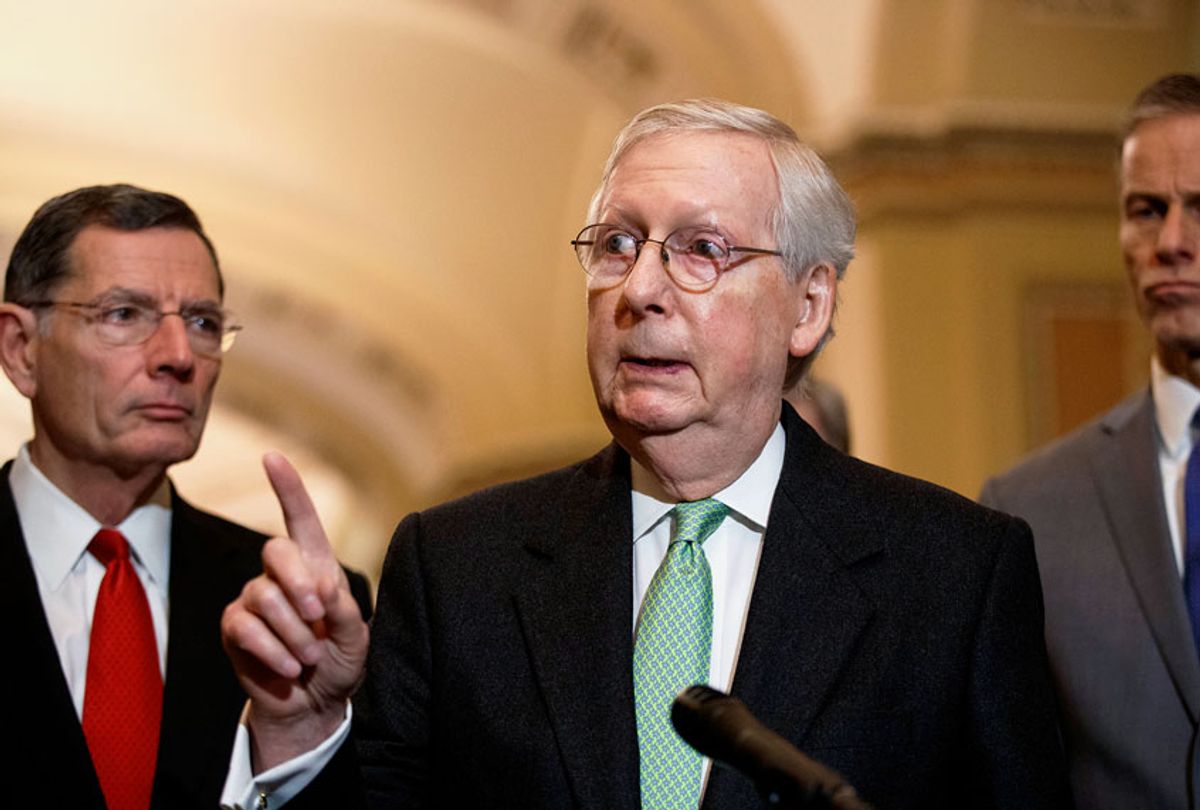 U.S. Senate Majority Leader Mitch McConnell speaks at a press conference on Capitol Hill in Washington D.C., the United States (XinhuaTing Shen via Getty Images)