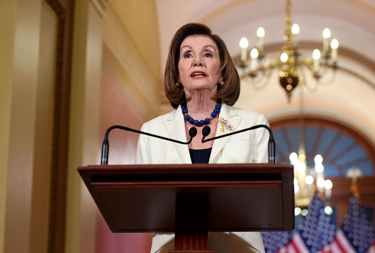 Pelosi told congressional leaders to draw up articles of impeachment against Trump, saying his abuse of power for political benefit "leaves us no choice but to act." Trump "has engaged in abuse of power, undermined our national security and jeopardized the integrity of our elections," she said, adding that "the president leaves us no choice but to act."  (SAUL LOEB/AFP via Getty Images)