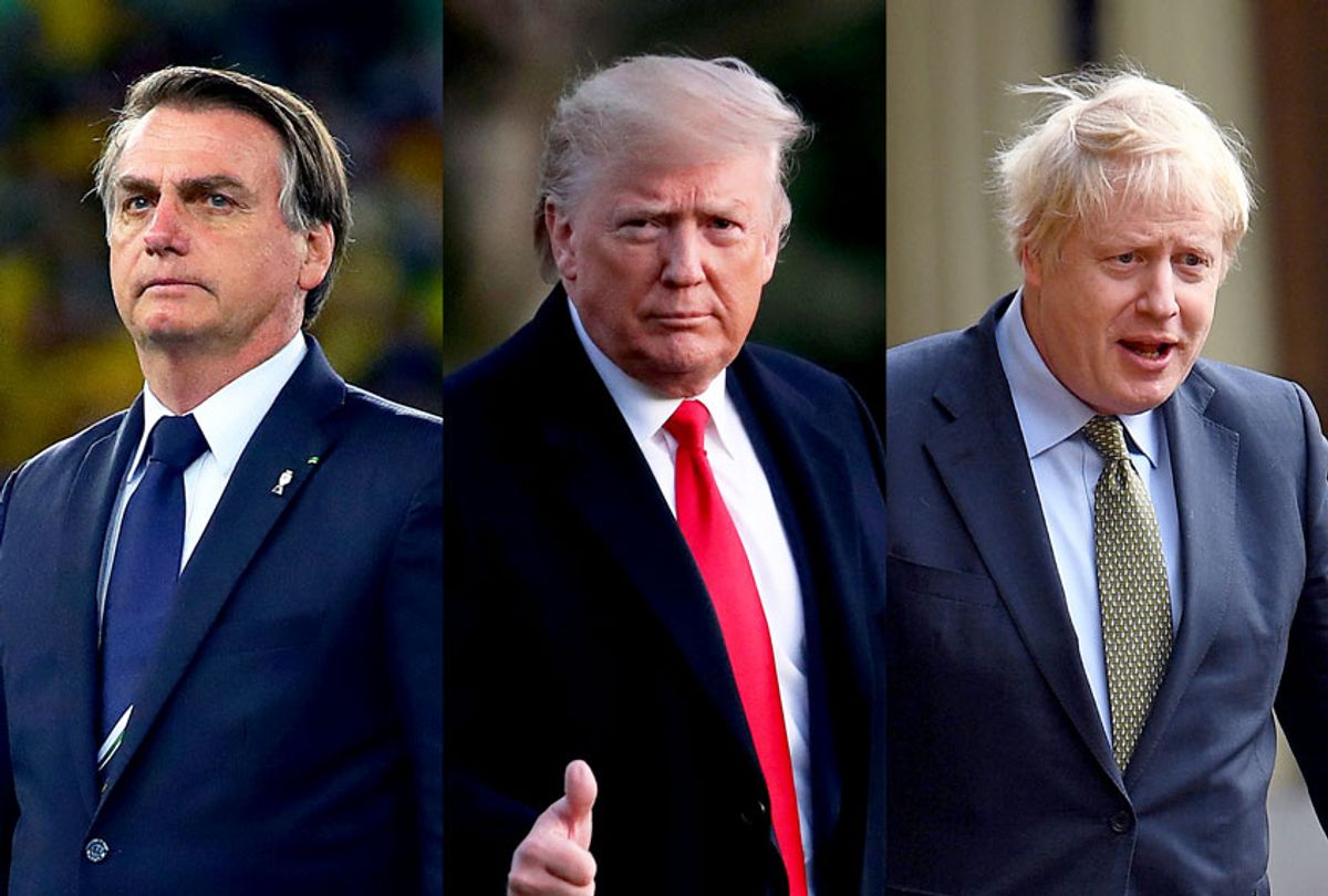 Donald Trump, Jair Bolsonaro and Boris Johnson (Getty Images/Victoria Jones - WPA Pool/Chris Brunskill/Fantasista/Mark Wilson/Salon)