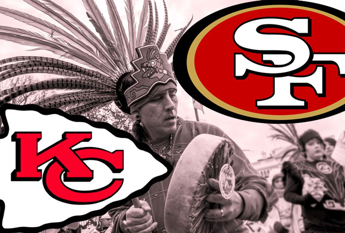 The logos for the San Francisco 49ers and the Kansas City Chiefs /  A group of Native Americans perform a traditional dance in front of the White House while protesting the construction of the Dakota Access Pipeline. (Samuel Corum/Anadolu Agency/Getty Images/NFL/Salon)
