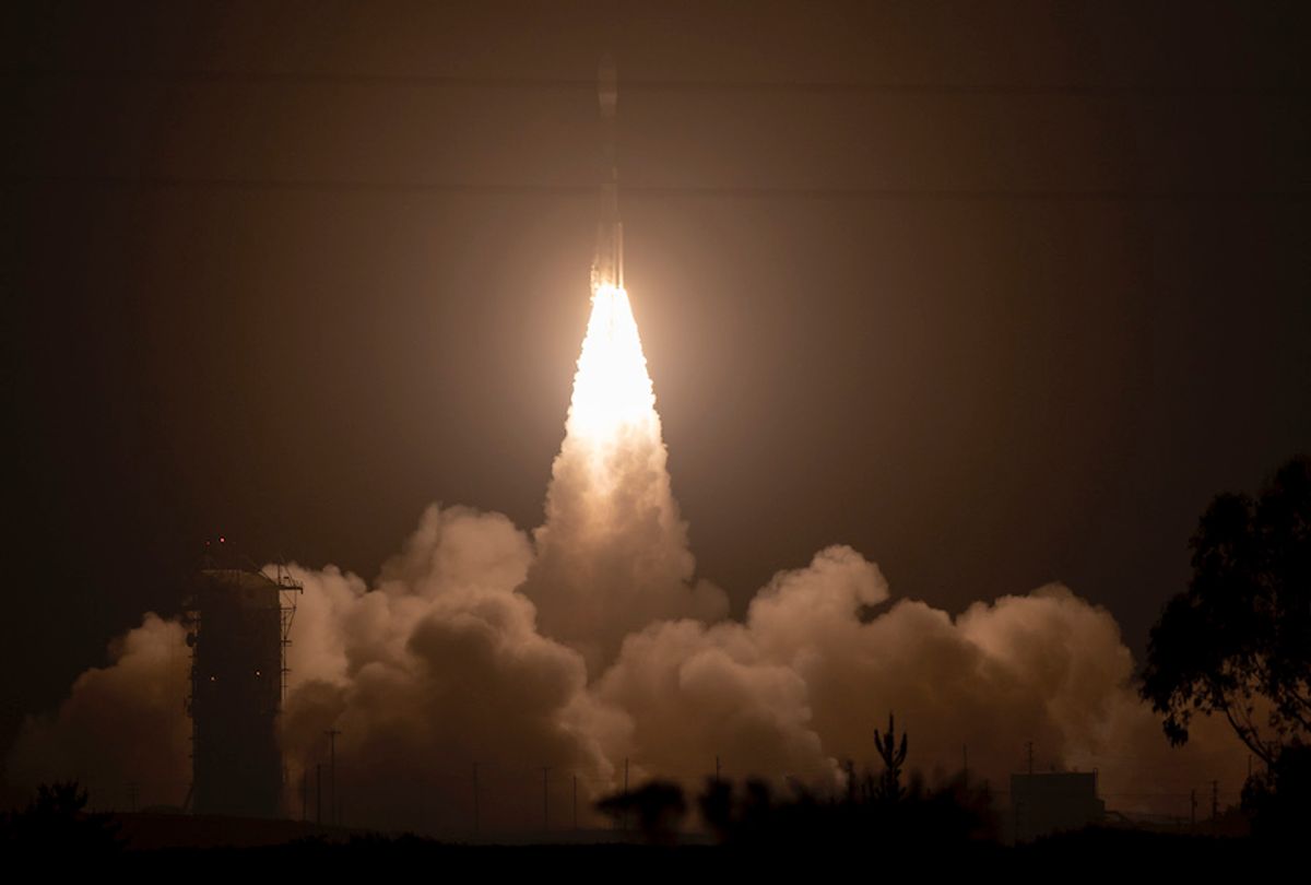 The United Launch Alliance (ULA) Delta II rocket is seen as it launches with the NASA Ice, Cloud and land Elevation Satellite-2 (ICESat-2) onboard, Saturday, Sept. 15, 2018, Vandenberg Air Force Base in California. The ICESat-2 mission will measure the changing height of Earth's ice.  (NASA/Bill Ingalls/Getty Images)