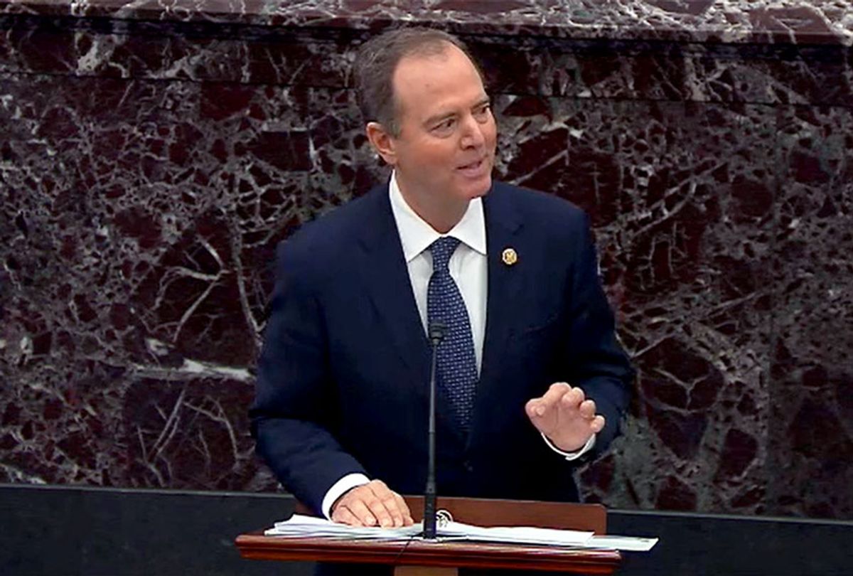 In this screengrab taken from a Senate Television webcast, House impeachment manager Rep. Adam Schiff (D-CA) speaks during impeachment proceedings against U.S. President Donald Trump in the Senate at the U.S. Capitol on January 22, 2020 in Washington, DC.  (Senate Television via Getty Images)