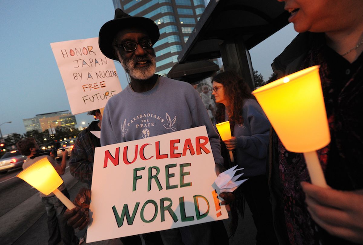 Anti-nuclear demonstrators hold a candlelight vigil to protest against nuclear power outside the Federal Building in Los Angeles on March 28, 2011. (Mark Ralston/AFP via Getty Images)