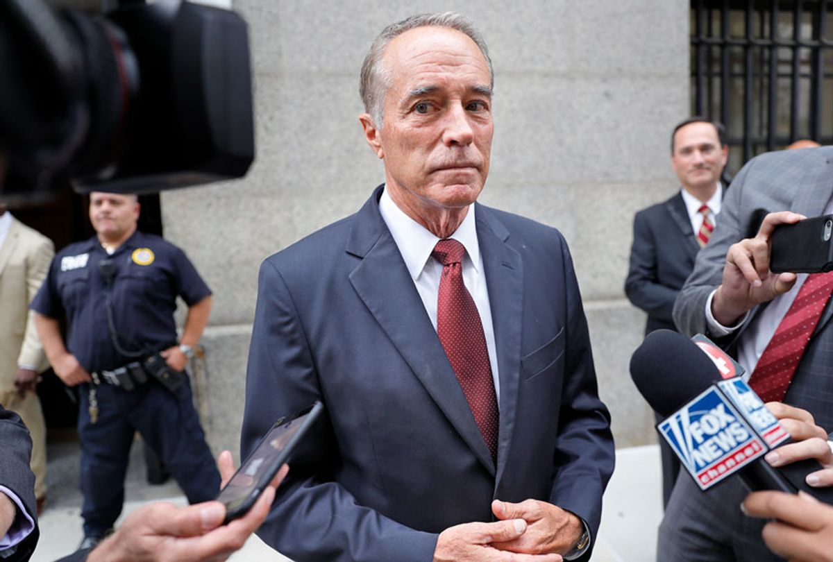 U.S. Rep. Chris Collins, R-N.Y., speaks to reporters as he leaves the courthouse after a pretrial hearing in his insider trading case, in New York. Lawyers for the ex-U.S. congressman say he is humbled and remorseful after pleading guilty to conspiracy in an insider trading scheme and should face no time behind bars. Sentencing is set for Jan. 17.  (AP Photo/Seth Wenig)