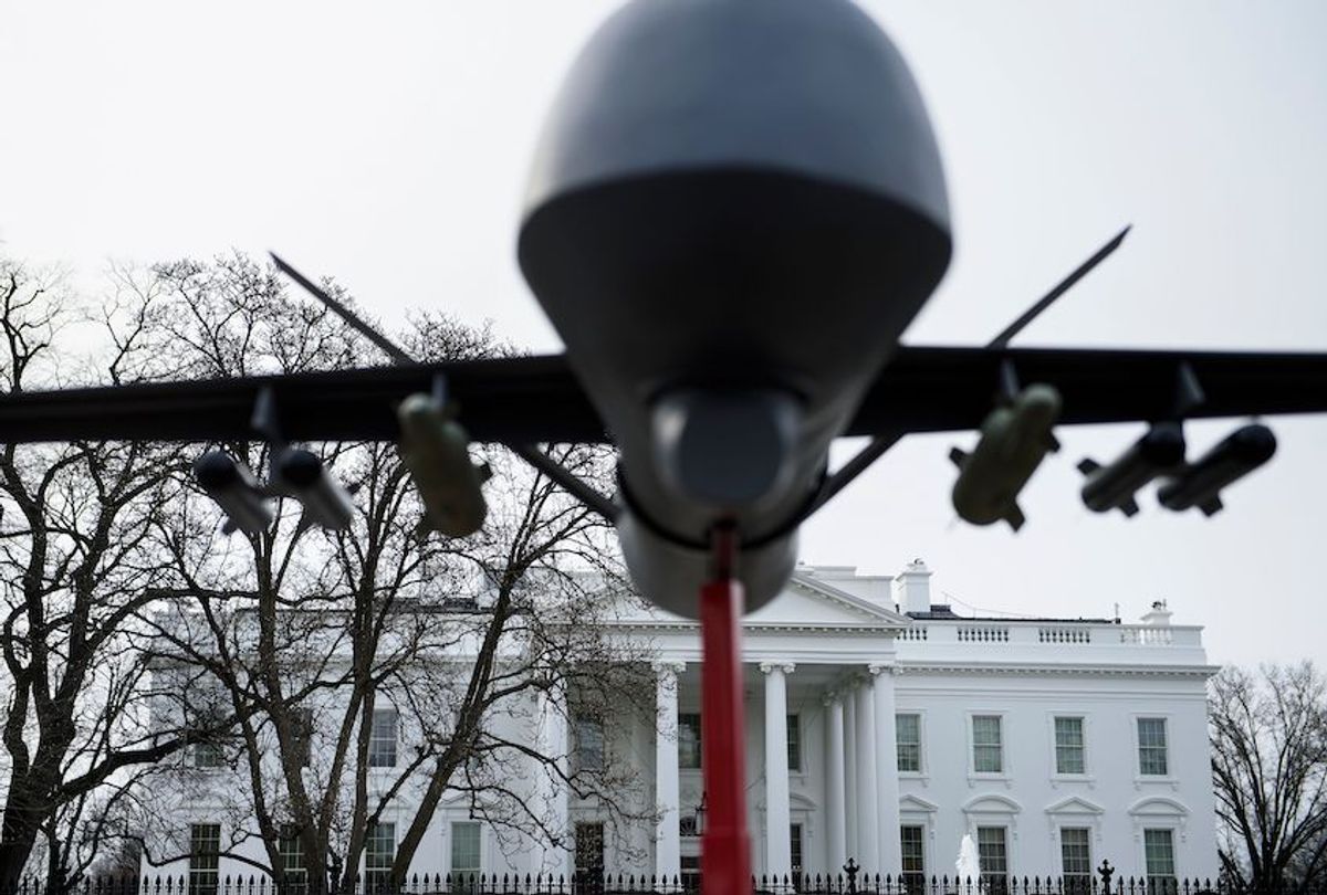 A military drone replica is displayed in front of the White House during a protest against drone strikes on January 12, 2019 in Washington, DC. (Brendan Smialowski/AFP via Getty Images)