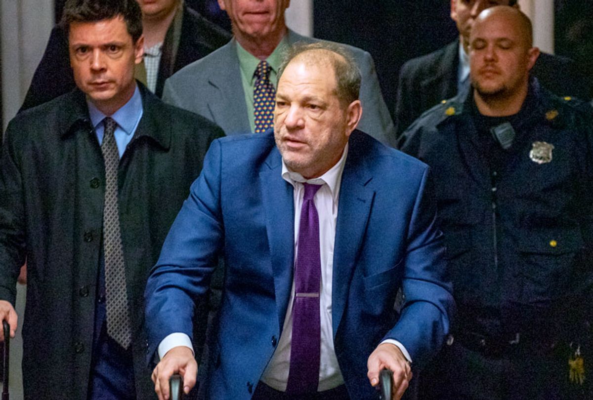 Harvey Weinstein departs Manhattan Criminal Court after the day's proceedings in his sex assault trial on January 27, 2020 in New York City. Weinstein, a movie producer whose alleged sexual misconduct helped spark the #MeToo movement, pleaded not-guilty on five counts of rape and sexual assault against two unnamed women and faces a possible life sentence in prison. (David Dee Delgado/Getty Images)
