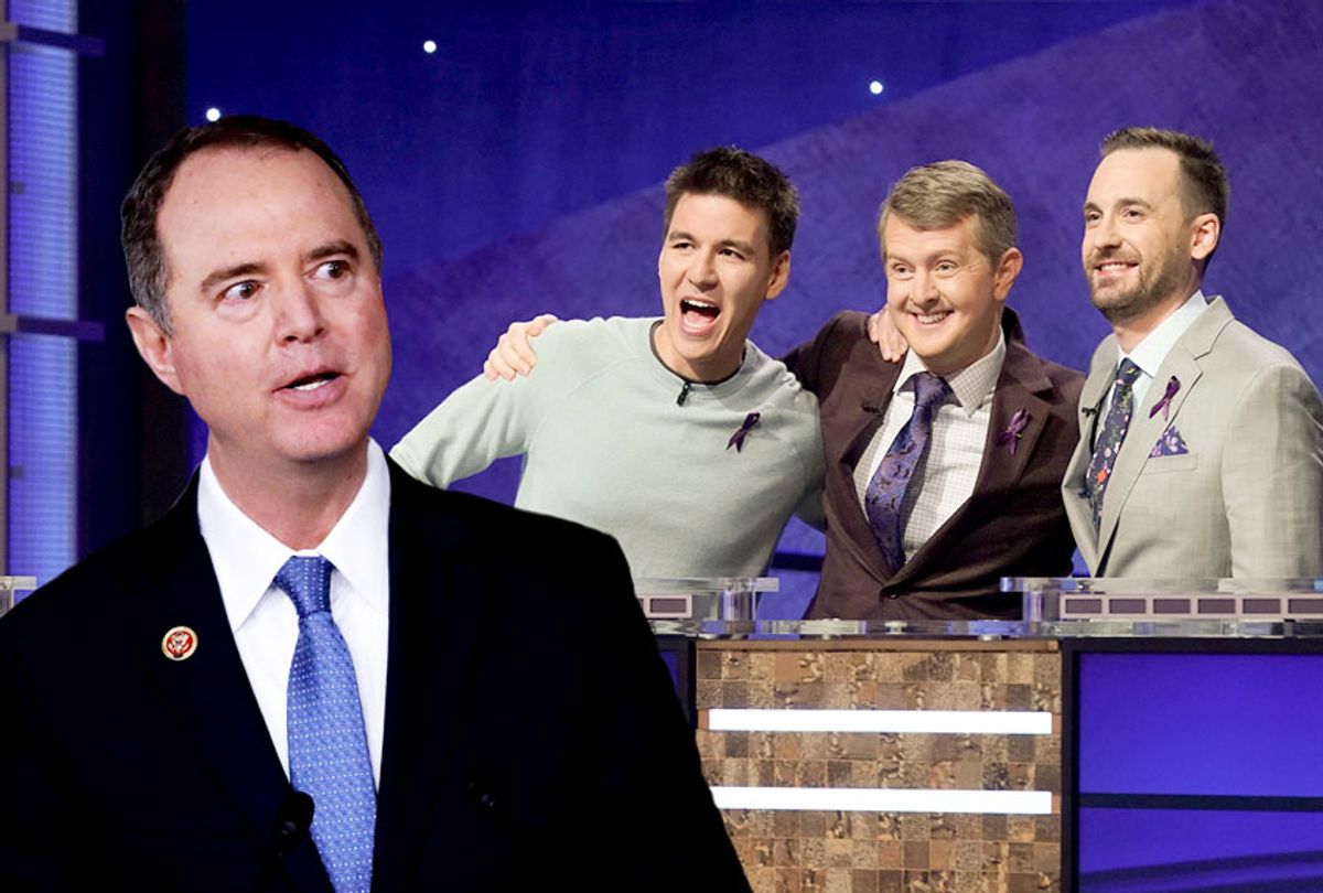 House Intelligence Committee Chairman Adam Schiff and Jeopardy contestants James Holzhauer, Ken Jennings, and Brad Rutter (ABC/Eric McCandless/Chip Somodevilla/Getty Images)
