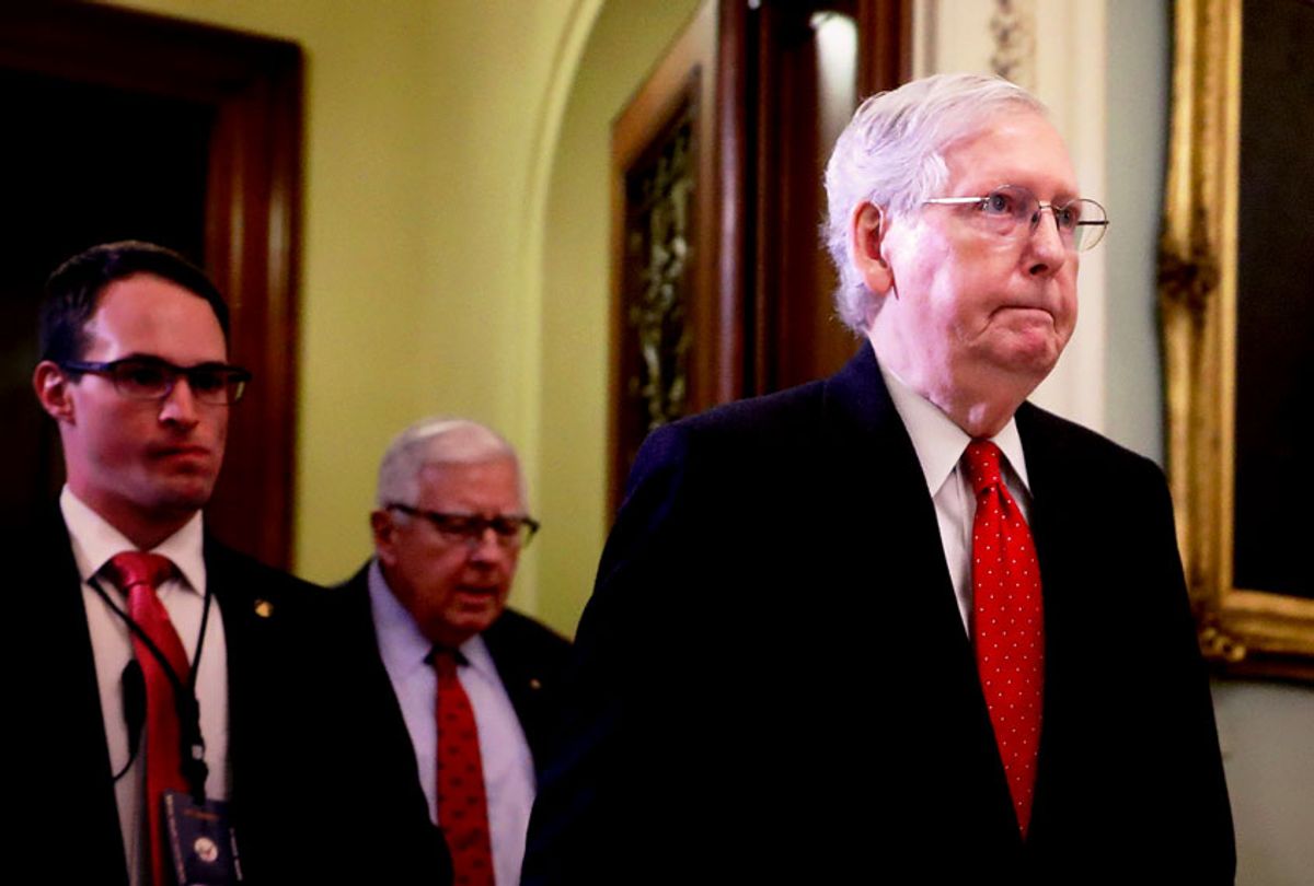 Senate Majority Leader Mitch McConnell (R-KY) leaves the Senate Chamber during a recess in President Donald Trump's impeachment trial at the U.S. Capitol January 21, 2020 in Washington, DC. Senators will vote Tuesday on the rules for the impeachment trial, which is expected to last three to five weeks. (Chip Somodevilla/Getty Images)