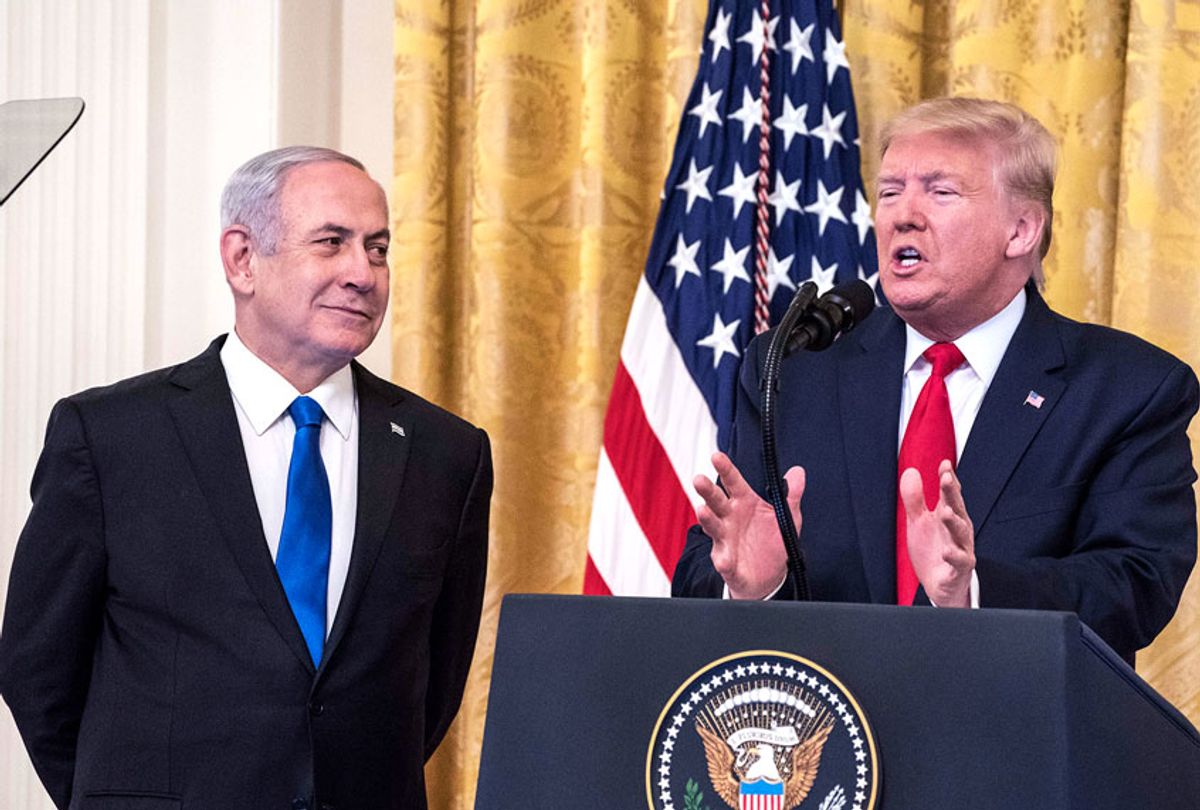 U.S. President Donald Trump and Israeli Prime Minister Benjamin Netanyahu participate in a joint statement in the East Room of the White House on January 28, 2020 in Washington, DC. The news conference was held to announce the Trump administration's plan to resolve the Israeli-Palestinian conflict.  (Sarah Silbiger/Getty Images)