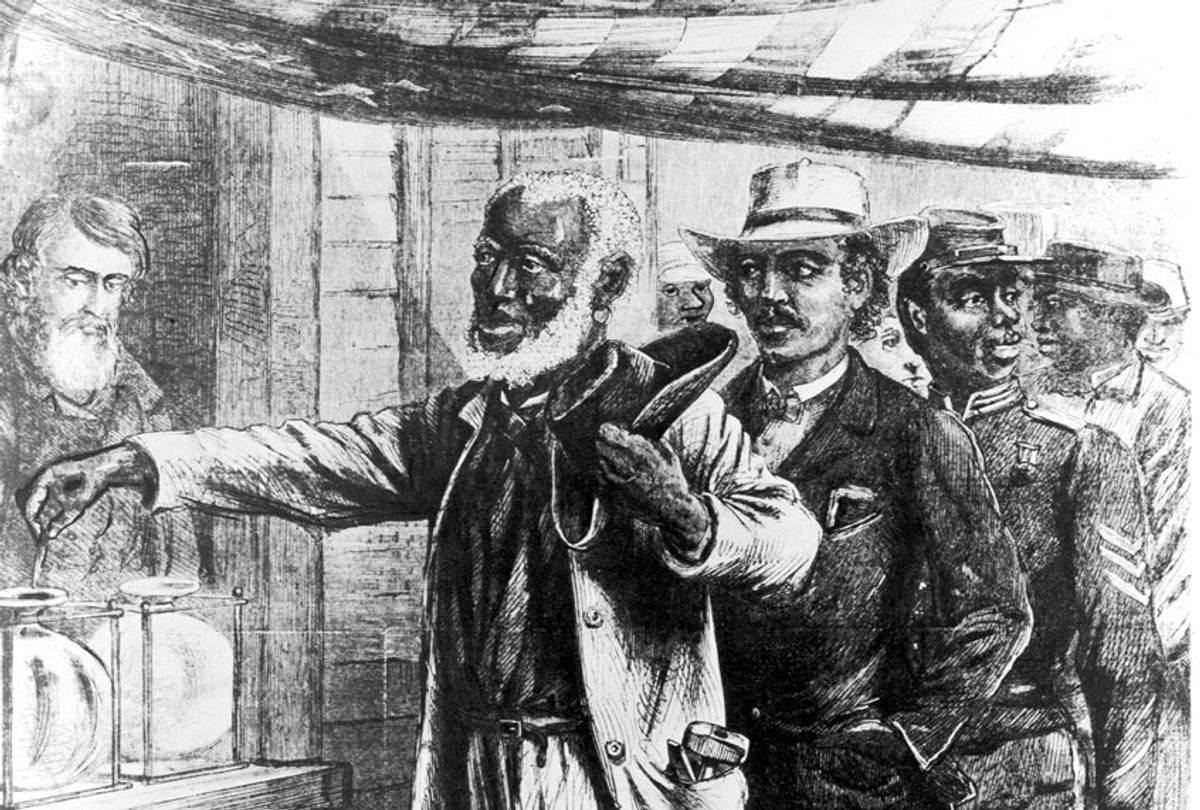 African-American men voting in a state election in the south during reconstruction in an 1867 illustration from Harper's Weekly. That year in the reconstruction states 703,000 Blacks and 627,000 Whites voted.  (Hulton Archive/Getty Images)