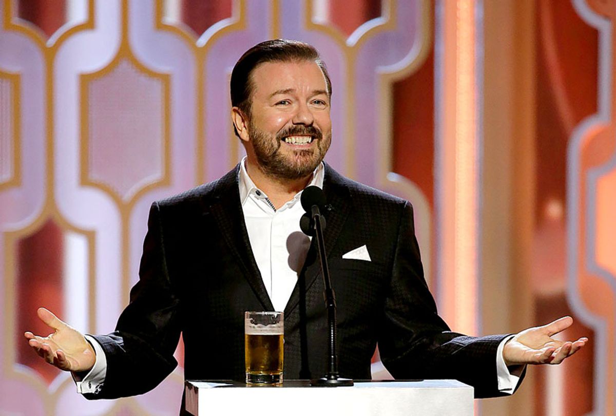 Host Ricky Gervais speaks onstage during the 73rd Annual Golden Globe Awards at The Beverly Hilton Hotel on January 10, 2016 in Beverly Hills, California. (Paul Drinkwater/NBCUniversal via Getty Images)