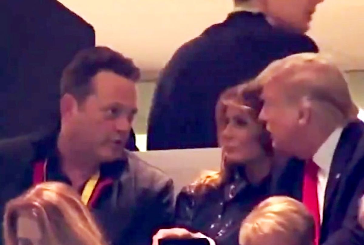 Actor Vince Vaughn and President Donald Trump conversing at a the College Football Playoff national championship game between the Clemson Tigers and the LSU Tigers at Mercedes Benz Superdome ((Twitter/@bubbaprog))