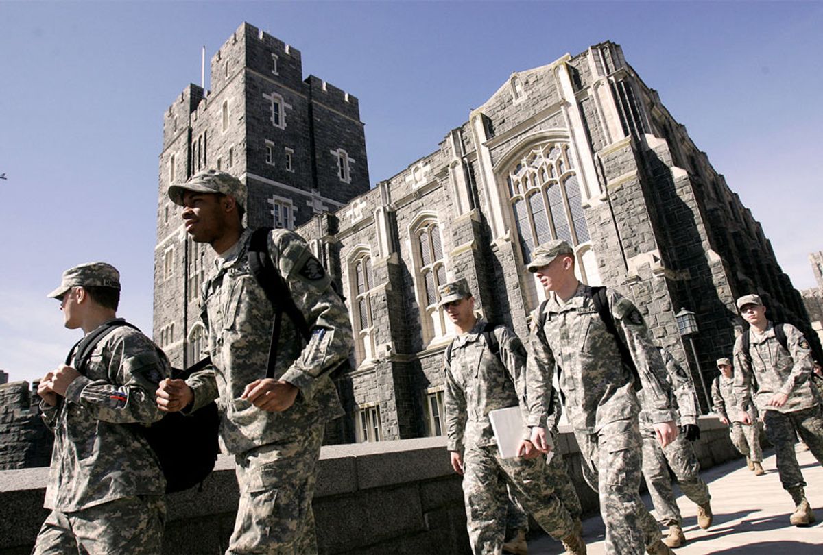 US Army cadets make their way through campus at the United States Military Academy in West Point, NY. AFP PHOTO/DON EMMERT (DON EMMERT/AFP via Getty Images)