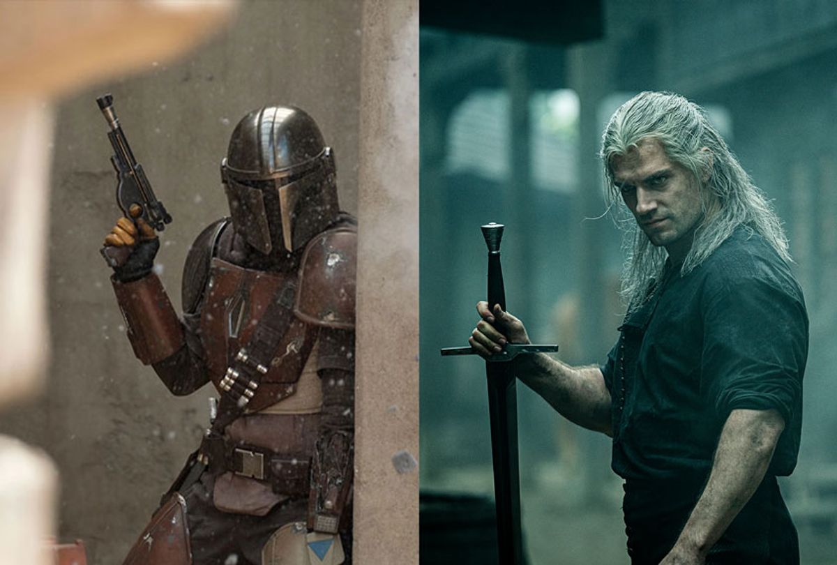 split of Pedro Pascal as a Mandalorian bounty hunter and Henry Cavill as The Witcher (Disney+/Netflix)
