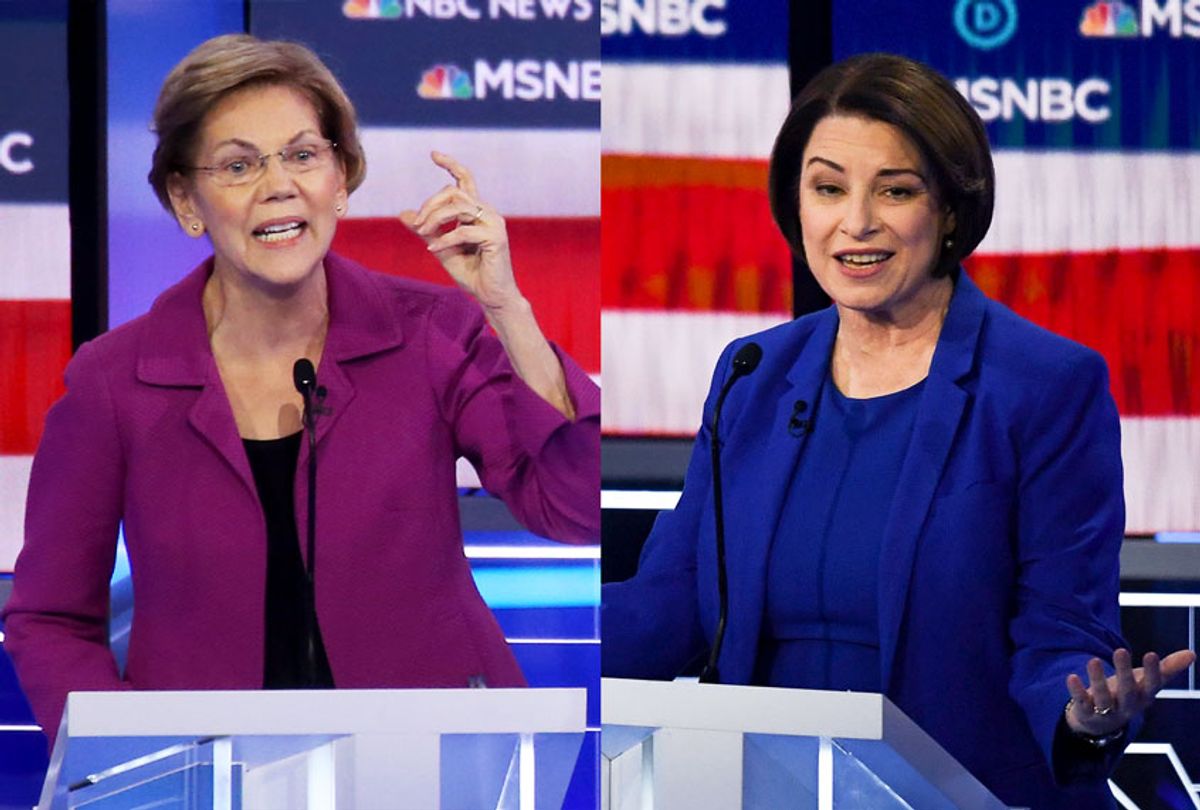 Split of Democratic presidential candidates Sen. Elizabeth Warren and Sen. Amy Klobuchar during the Democratic presidential primary debate at Paris Las Vegas on February 19, 2020 in Las Vegas, Nevada. Six candidates qualified for the third Democratic presidential primary debate of 2020, which comes just days before the Nevada caucuses on February 22.  (Mario Tama/Getty Images/MARK RALSTON/AFP/Salon)