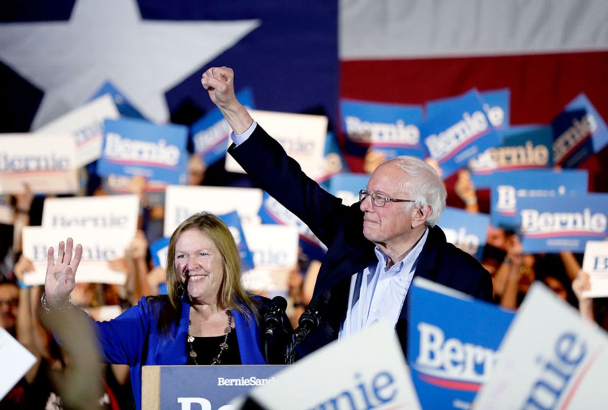 Democratic presidential candidate Sen. Bernie Sanders, I-Vt., right, with his wife Jane, speaks during a campaign event in San Antonio, Saturday, Feb. 22, 2020.  (AP Photo/Eric Gay)