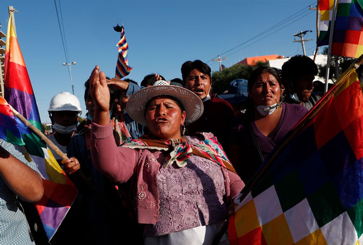 Supporters of former President Evo Morales rally in Sacaba, outskirts of Cochabamba, Bolivia, Monday, Nov. 18, 2019. Morales's backers have taken to the streets demanding his return, since he resigned on Nov. 10 under pressure from the military after weeks of protests against him over a disputed election he claim to have won.  (AP Photo/Juan Karita)