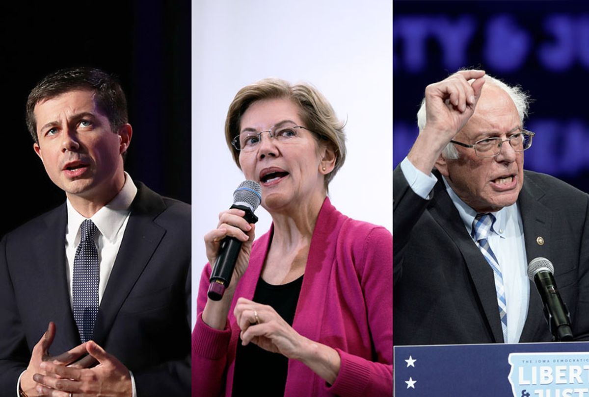 Pete Buttigieg, Elizabeth Warren and Bernie Sanders (Getty Images/AP Photo/Salon)