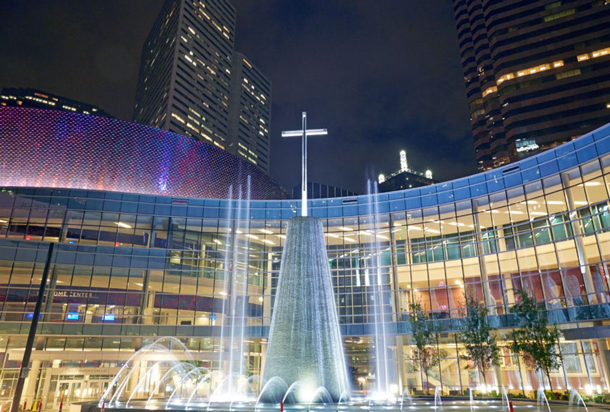 Facade of the 'First Baptist Church' Southern Baptist megachurch in central Dallas at night. This evangelical church has a congregation of 10 000. (Getty Images)