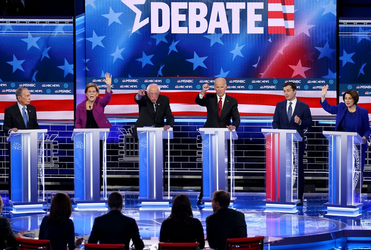 Democratic presidential candidates (L-R) former New York City Mayor Mike Bloomberg, Sen. Elizabeth Warren (D-MA), Sen. Bernie Sanders (I-VT), former Vice President Joe Biden, former South Bend, Indiana mayor Pete Buttigieg and Sen. Amy Klobuchar (D-MN) (R) participate in the Democratic presidential primary debate at Paris Las Vegas on February 19, 2020 in Las Vegas, Nevada. Six candidates qualified for the third Democratic presidential primary debate of 2020, which comes just days before the Nevada caucuses on February 22. (Mario Tama/Getty Images)