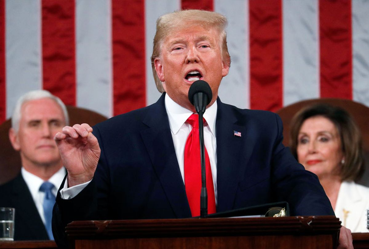 President Donald Trump delivers his State of the Union address to a joint session of Congress in the House Chamber on Capitol Hill in Washington, Tuesday, Feb. 4, 2020, as Vice President Mike Pence and Speaker Nancy Pelosi look on.  (Leah Millis/Pool via AP)