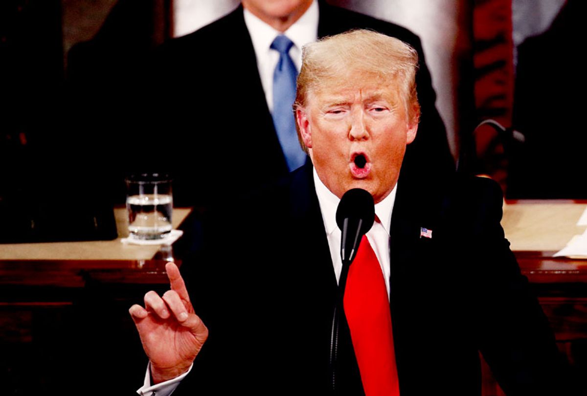 President Donald Trump delivers his State of the Union address to a joint session of Congress on Capitol Hill in Washington, Tuesday, Feb. 4, 2020, as Vice President Mike Pence and House Speaker Nancy Pelosi, D-Calif., watch.  (AP Photo/Patrick Semansky)