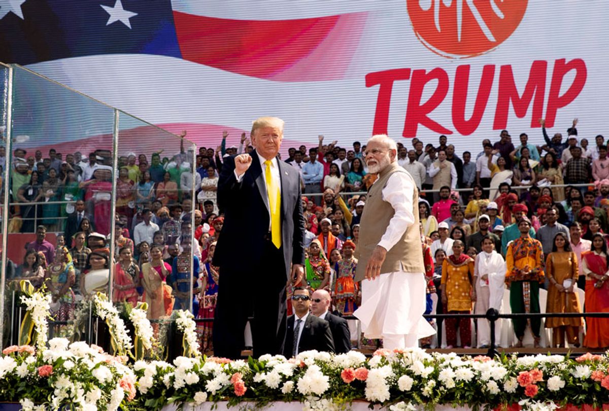 U.S. President Donald Trump and Indian Prime Minister Narendra Modi wave after a "Namaste Trump," event at Sardar Patel Gujarat Stadium, Monday, Feb. 24, 2020, in Ahmedabad, India. India poured on the pageantry with a joyful, colorful welcome for President Donald Trump on Monday that kicked off a whirlwind 36-hour visit meant to reaffirm U.S.-India ties while providing enviable overseas imagery for a president in a re-election year.  (AP Photo/Alex Brandon)