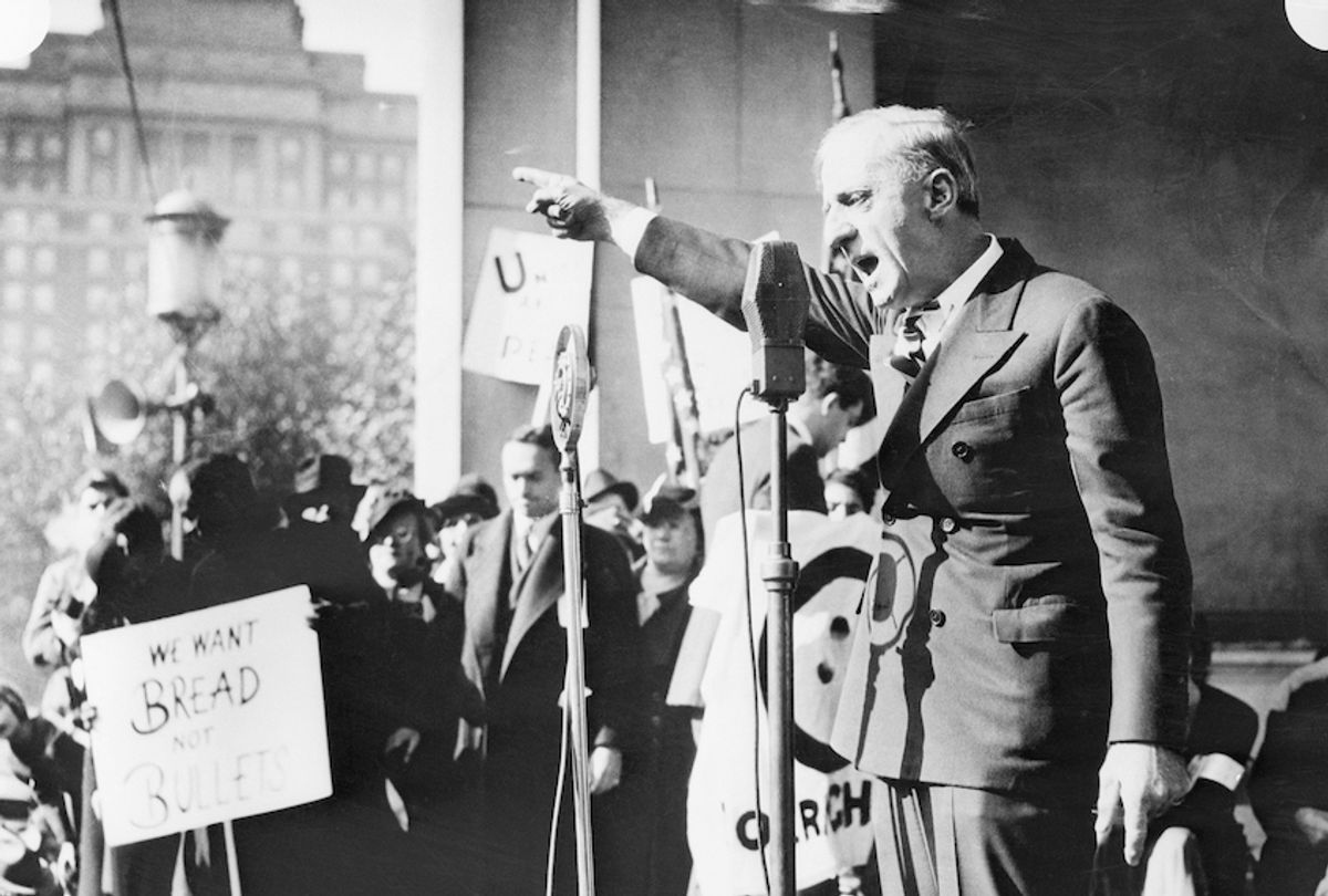 General Smedley D. Butler, U.S. Marines, retired, pictured as he addressed a crowd of 6,000 participants in an anti-war demonstration on Reyburn Plaza, Philadelphia. (Bettmann/Getty Images)
