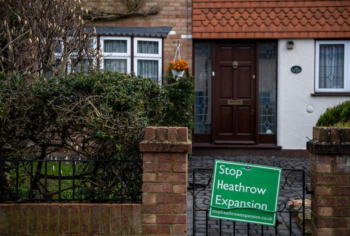 Protest posters in the village of Harmondsworth, which was under threat of demolition because of plans for a third runway at Heathrow airport on February 27, 2020 in London, England. (Chris J Ratcliffe/Getty Images)