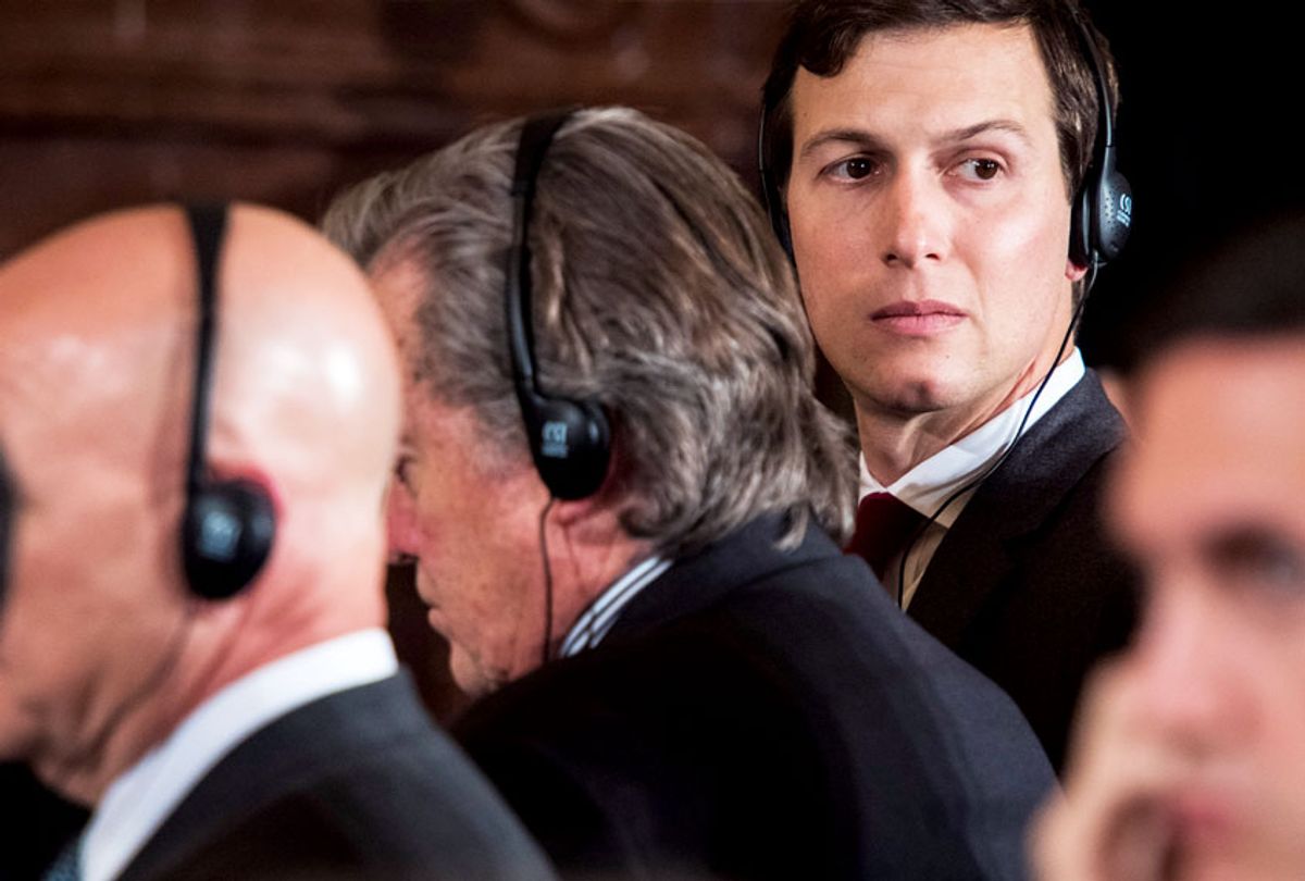 White House Senior Adviser Jared Kushner listens as President Donald Trump and Italian Prime Minister Paolo Gentiloni participate in a joint news conference in the East Room of the White House in Washington, DC on Thursday, April 20, 2017. (Jabin Botsford/The Washington Post via Getty Images)