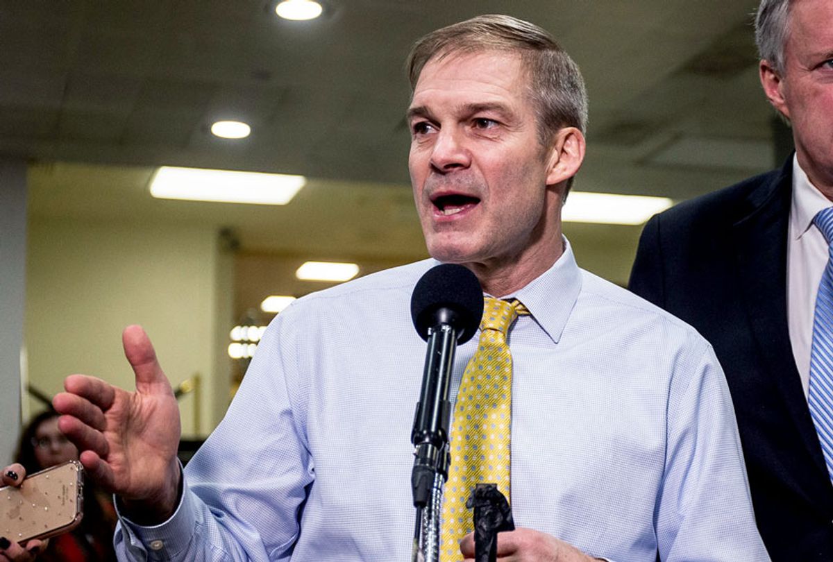 Rep. Jim Jordan (R-OH) speaks to reporters in the Senate basement at the U.S. Capitol as the Senate impeachment trial of U.S. President Donald Trump continues on January 30, 2020 in Washington, DC. On Thursday, Senators continue asking questions for the House impeachment managers and the president's defense team.  (Zach Gibson/Getty Images)