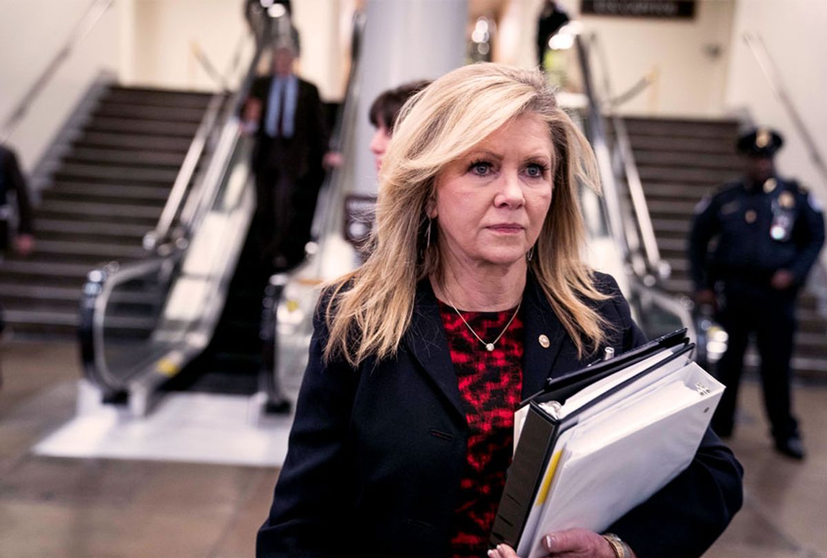 Sen. Marsha Blackburn, R-Tenn., arrives as defense arguments by the Republicans resume in the impeachment trial of President Donald Trump on charges of abuse of power and obstruction of Congress, at the Capitol in Washington, Tuesday, Jan. 28, 2020.  (AP Photo/J. Scott Applewhite)