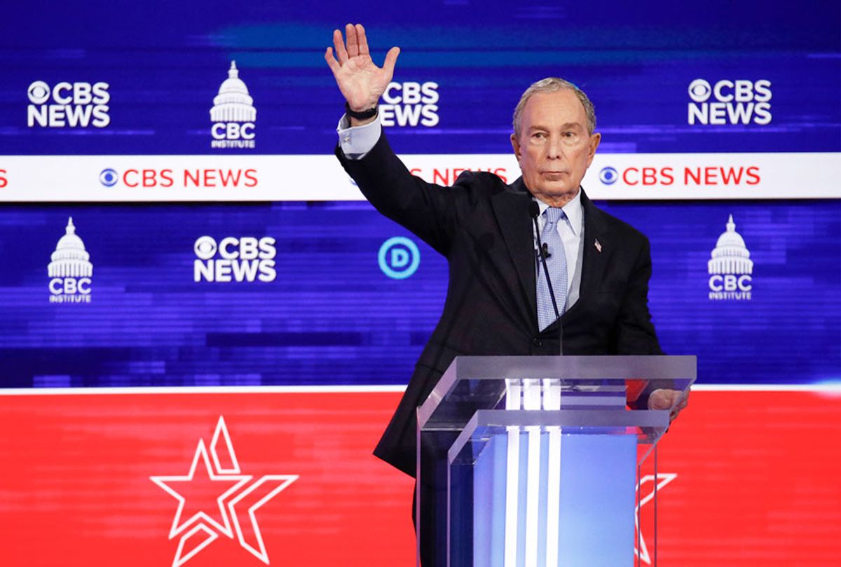 Democratic presidential candidates, former New York City Mayor Mike Bloomberg, raises his hand during the Democratic presidential primary debate at the Gaillard Center, Tuesday, Feb. 25, 2020, in Charleston, S.C., co-hosted by CBS News and the Congressional Black Caucus Institute.  (AP Photo/Patrick Semansky)