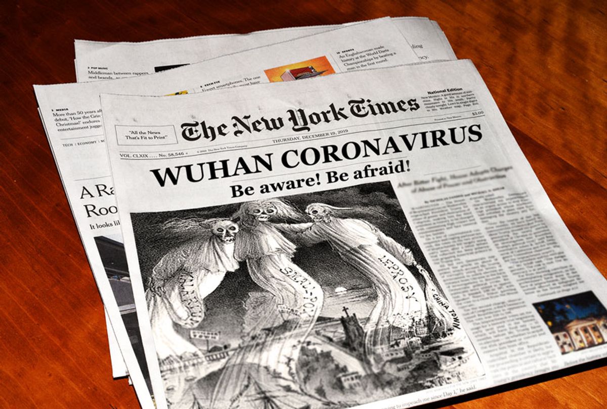 Concept: The New York Times' take on Coronavirus, featuring a 1882 illustrated depiction of diseases emanating from Chinatown. (Getty Images/WikiCommons/Salon)