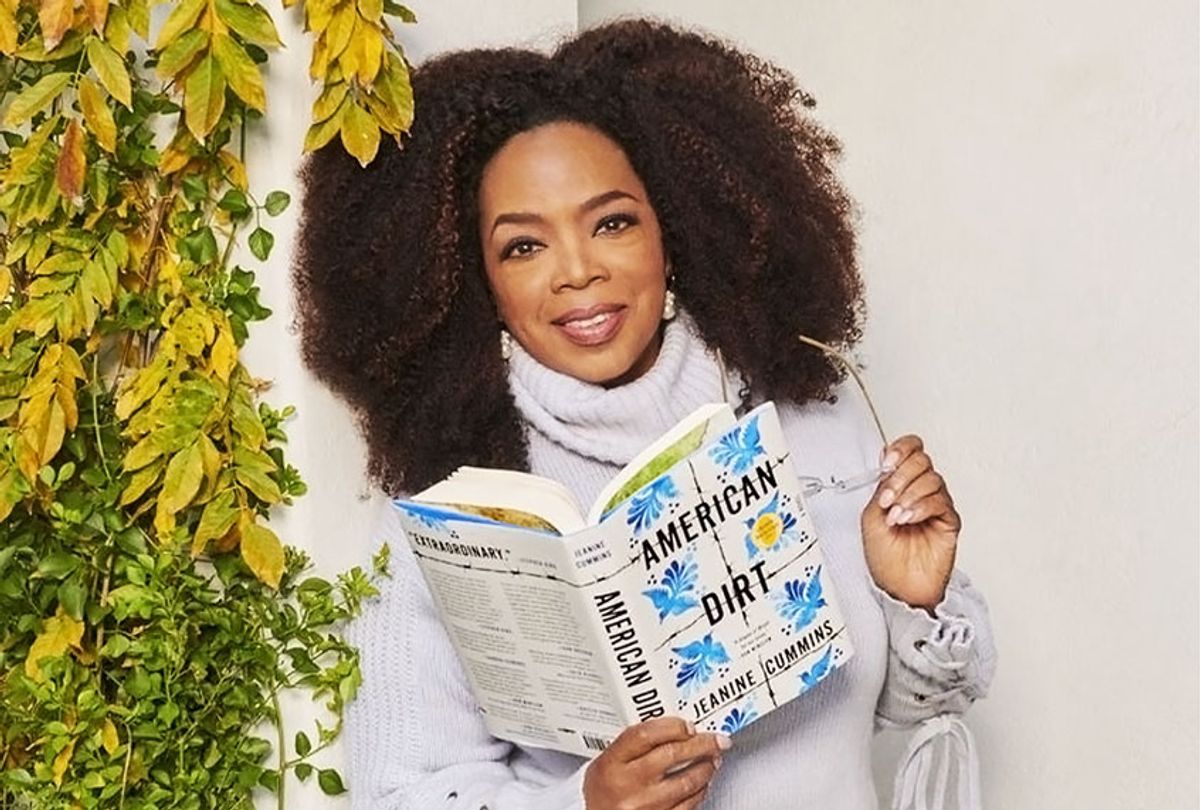 Oprah holding "American Dirt" by Jeanine Cummins (Apple)