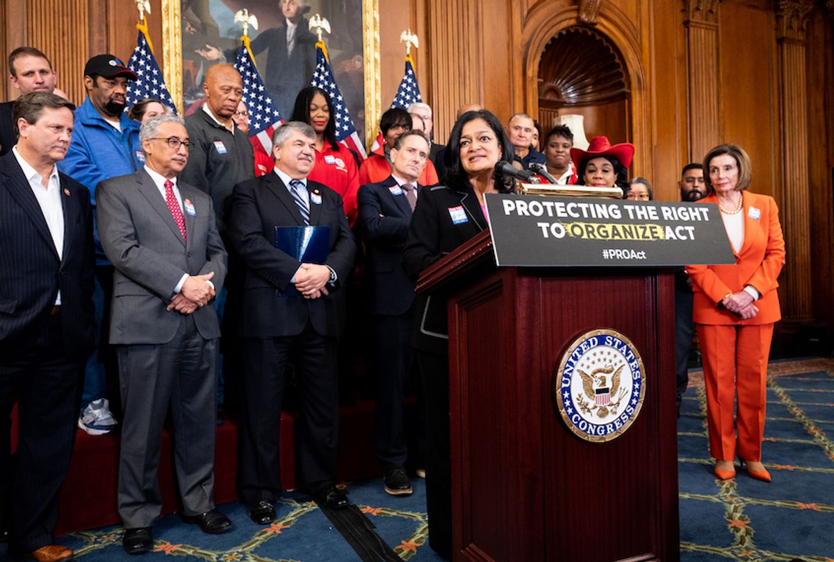 U.S. Representative Pramila Jayapal (D-WA) speaking at a press event to support the H.R. 2474, The Protecting the Right to Organize (PRO) Act. (Michael Brochstein / Echoes Wire/Barcroft Media via Getty Images)