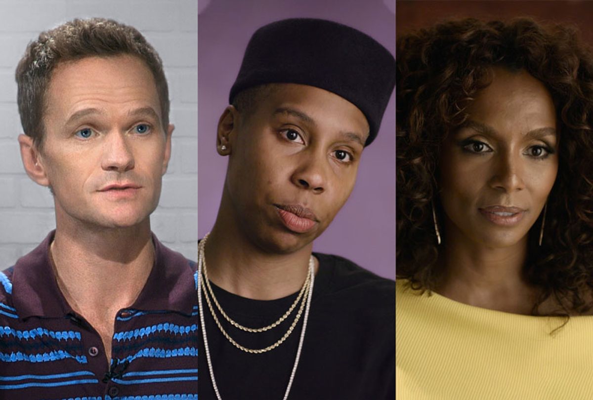 Neil Patrick Harris, Lena Waithe and Janet Mock in Apple’s “Visible: Out on Television,” premiering February 14. (Apple TV+)