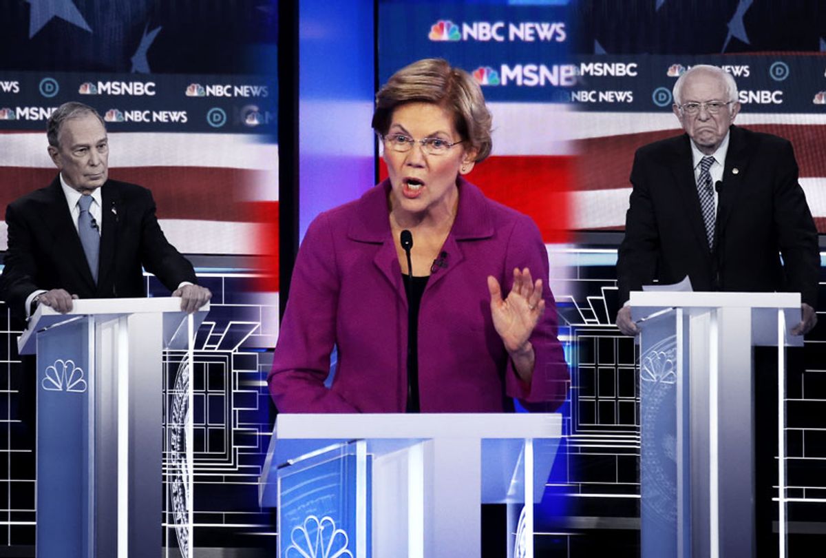 Democratic presidential candidate (L) former New York City Mayor Mike Bloomberg and Sen. Bernie Sanders (I-VT) listen as Sen. Elizabeth Warren (D-MA) speaks during the Democratic presidential primary debate at Paris Las Vegas on February 19, 2020 in Las Vegas, Nevada. Six candidates qualified for the third Democratic presidential primary debate of 2020, which comes just days before the Nevada caucuses on February 22.  (Mario Tama/Getty Images/Salon)
