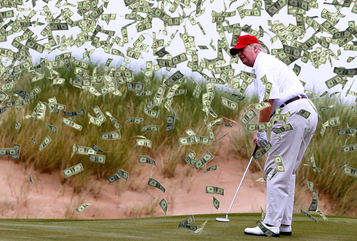 Donald Trump golfing, with money raining down (Photo illustration by Salon/Getty Images)